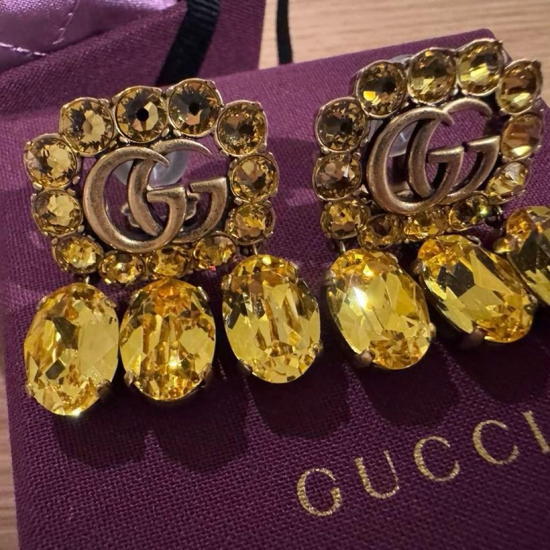 GUCCI Double G Crystal Drop Earrings Yellow Brass Vintage Style Authentic MInt