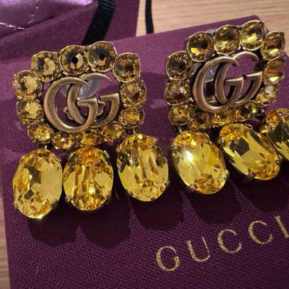 GUCCI Double G Crystal Drop Earrings Yellow Brass Vintage Style Authentic MInt