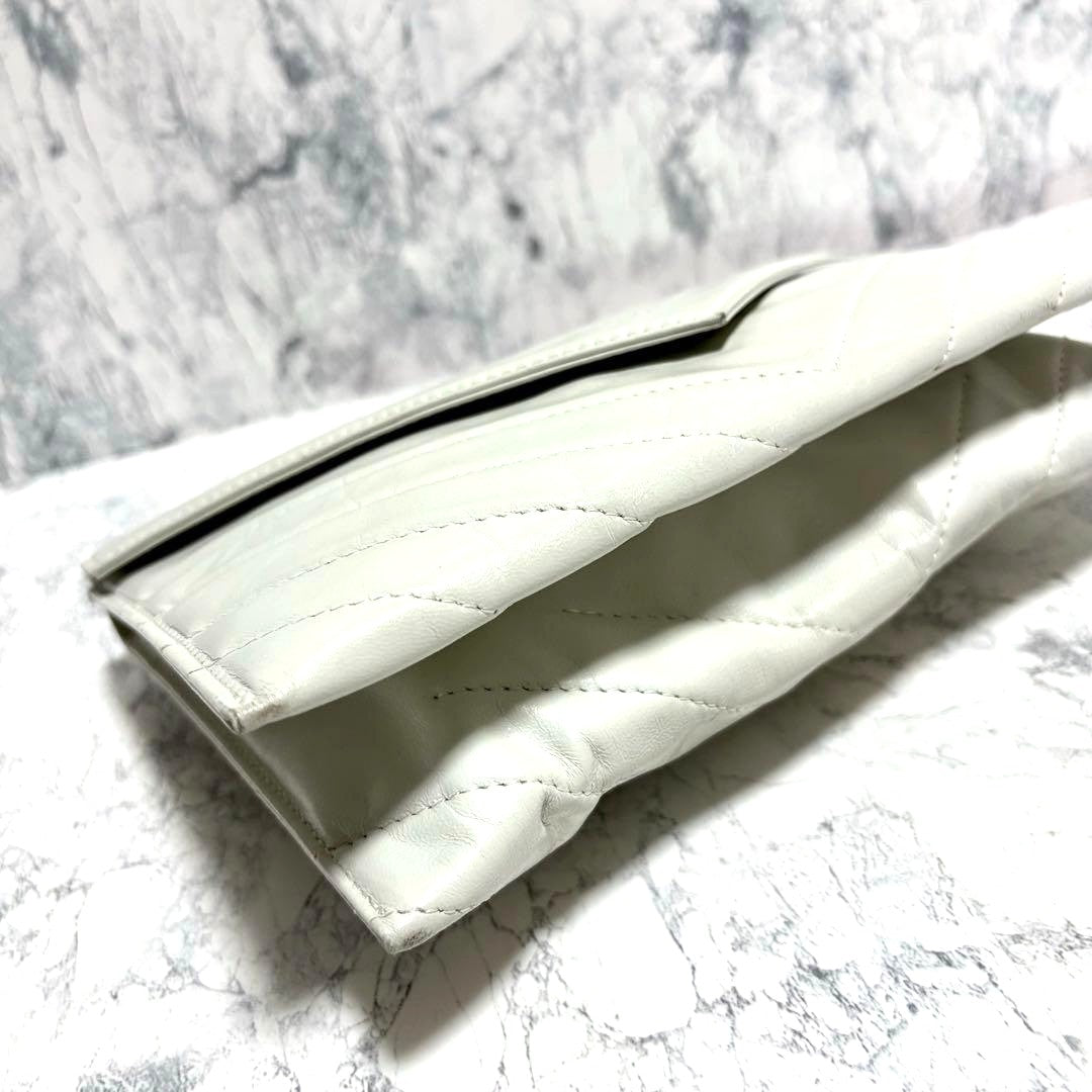 Yves Saint Laurent Clutch Bag Second Bag White Leather Chevron 9.6x6.7in