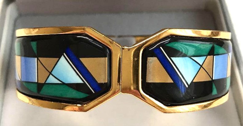 Michaela Frey Wien Austria Enamel Mosaic Cuff Bracelet Gold Tone Geometric VTG