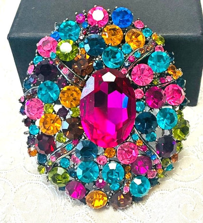Christian Lacroix Multicolor Crystal Brooch Pin Pink Teal Gold Rhinestone Paris