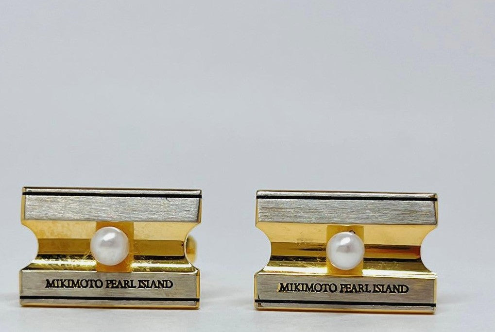 Mikimoto Pearl Island Tie Bar Clip & Cufflinks Set Silver Gold Tone Akoya Japan