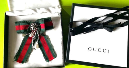 GUCCI Web Ribbon Bow Brooch Pin Green Red Stripe Silver Crystal Pearl Authentic