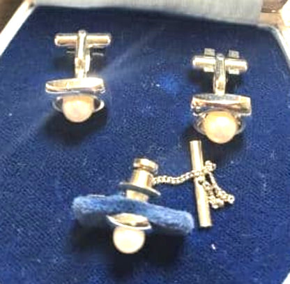 Mikimoto Pearl Silver Cufflinks Tie Tack Pin Set Mitsukoshi Box Vintage Japan