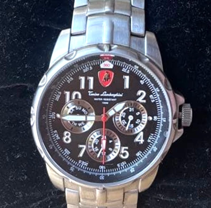 Tonino Lamborghini Chronograph Watch Silver Stainless Steel Black Dial Box 2002