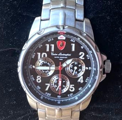 Tonino Lamborghini Chronograph Watch Silver Stainless Steel Black Dial Box 2002