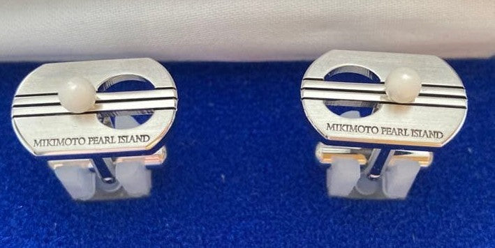 MIKIMOTO Pearl Island Silver Tone Cufflinks with Pearl Vintage Japan Authentic