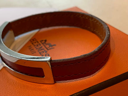 Hermes Pousse Pousse Silver Tone Metal Brique Leather Bracelet Adjustable