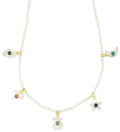 TOUS 18K Yellow Gold Mother of Pearl Charm Necklace Star Moon Bear 14.9in Unused