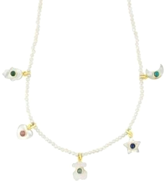 TOUS 18K Yellow Gold Mother of Pearl Charm Necklace Star Moon Bear 14.9in Unused