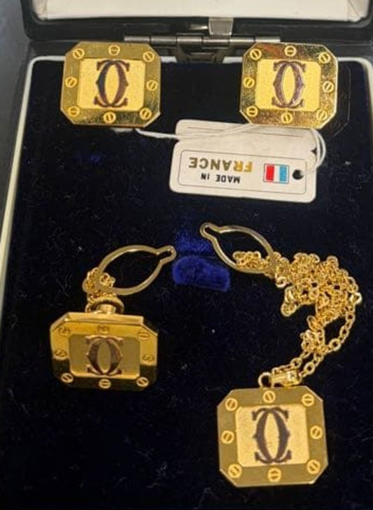 Cartier C de Cartier Cufflinks Set Gold Tone Square Logo France Vintage