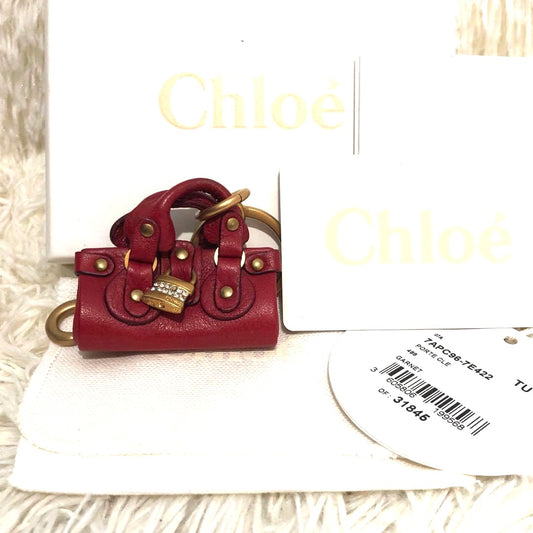 Chloe Paddington Bag Charm Key Ring Red Leather Gold HW Crystal Lock 2.2x2.2in