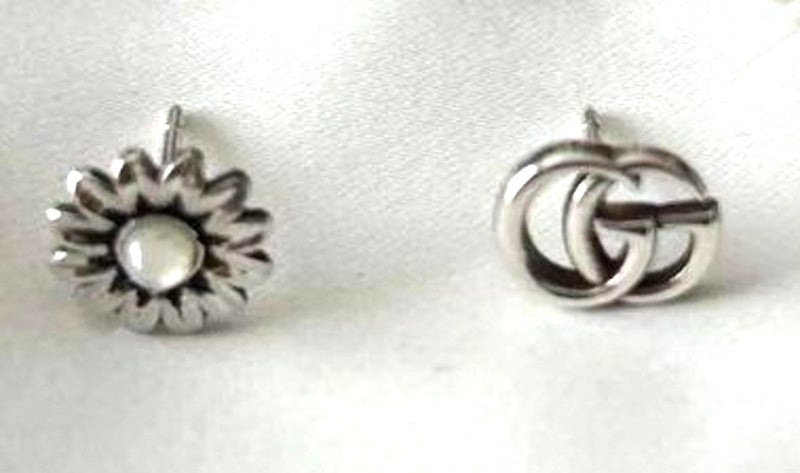 GUCCI Double G GG Marmont Flower Mismatch Stud Earrings Silver 925 Authentic