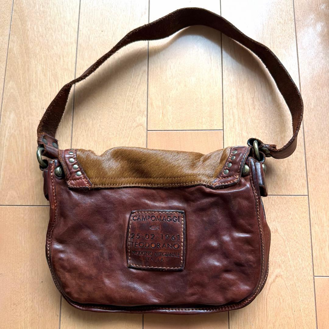 CAMPOMAGGI Leather Shoulder Bag Brown Calf Hair Studded Italy Crossbody Vintage