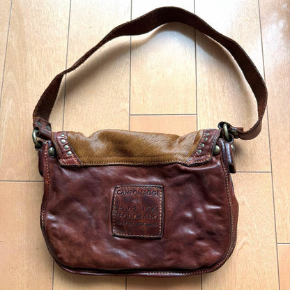CAMPOMAGGI Leather Shoulder Bag Brown Calf Hair Studded Italy Crossbody Vintage