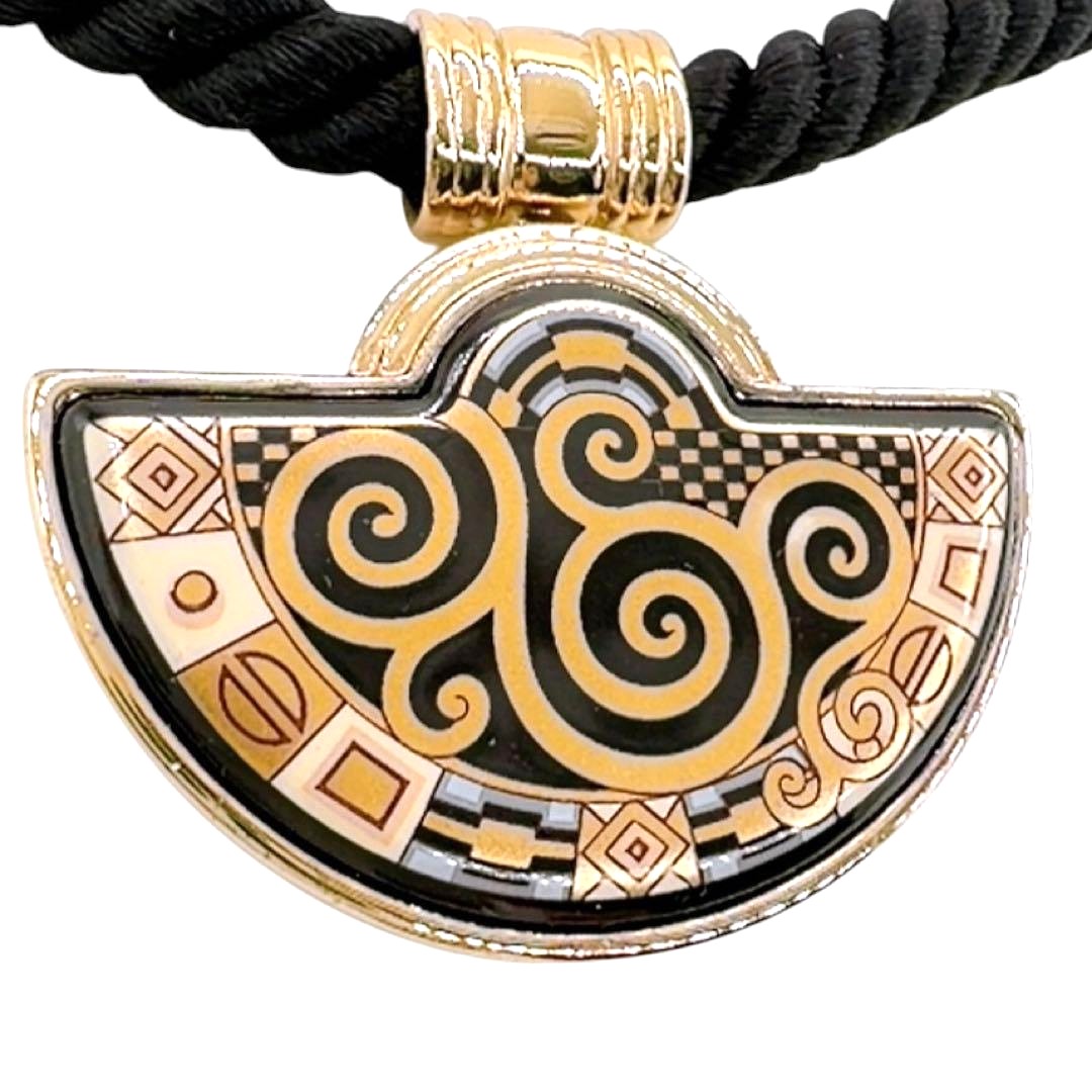 MICHAELA FREY WIEN Klimt Enamel Pendant Necklace Gold Black Vintage Austria