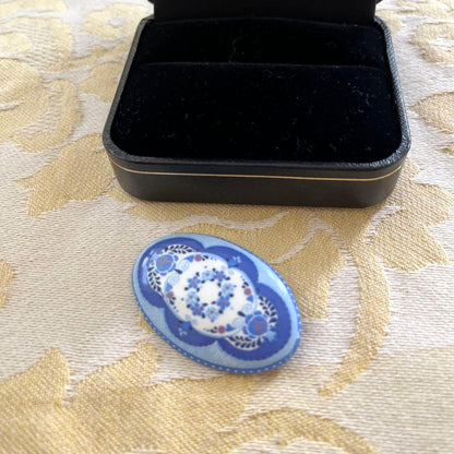Michaela Frey Wien Enamel Brooch Pin Blue Floral Oval Handmade Austria Vintage