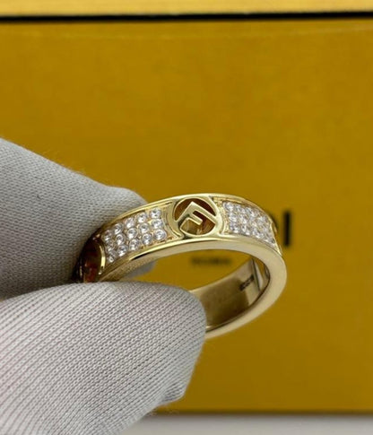 Excellent Fendi Rhinestone F Logo Gold Tone Metal Ring Size M EU 52 US 6