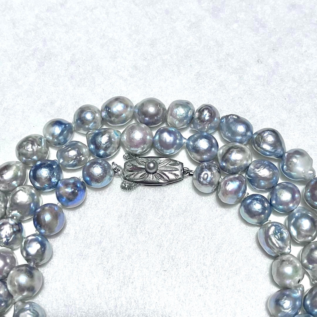 Takashimaya Akoya Pearl Necklace 3-Strand Blue Gray Baroque 8mm 20.9in Japan