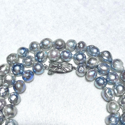 Takashimaya Akoya Pearl Necklace 3-Strand Blue Gray Baroque 8mm 20.9in Japan