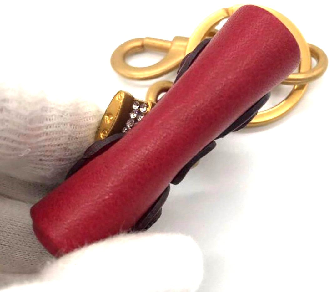 Chloe Paddington Bag Charm Key Ring Red Leather Gold HW Crystal Lock 2.2x2.2in