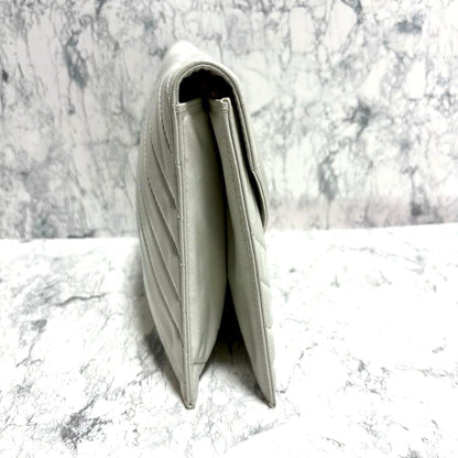 Yves Saint Laurent Clutch Bag Second Bag White Leather Chevron 9.6x6.7in