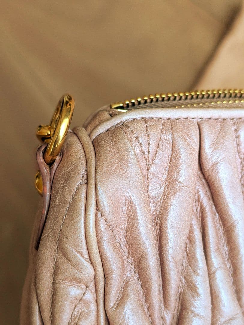 Miu Miu Matelasse Shoulder Bag Pink Beige Leather Gold Chain Padlock Authentic