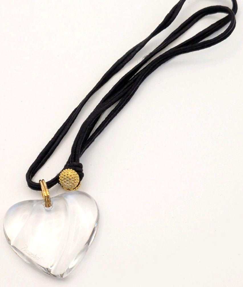 Baccarat Crystal Heart Pendant Necklace Clear Motif Gold Tone Black Cord Ladies