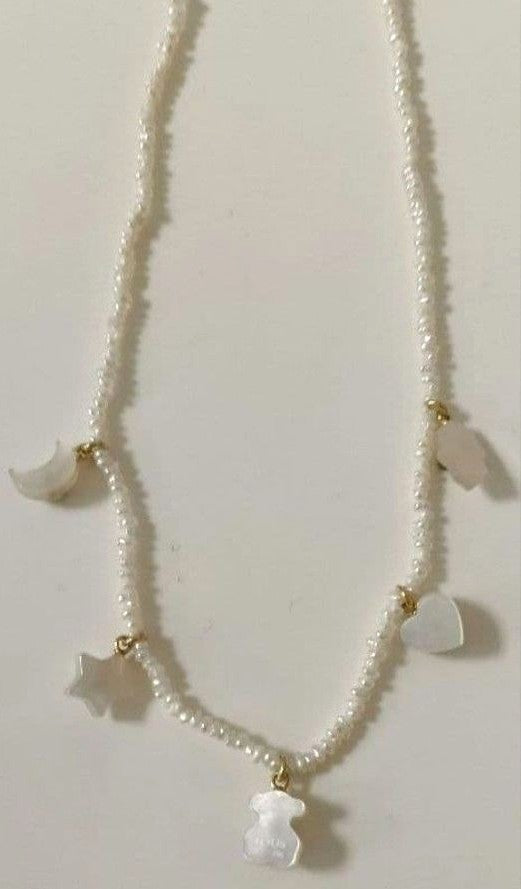TOUS 18K Yellow Gold Mother of Pearl Charm Necklace Star Moon Bear 14.9in Unused