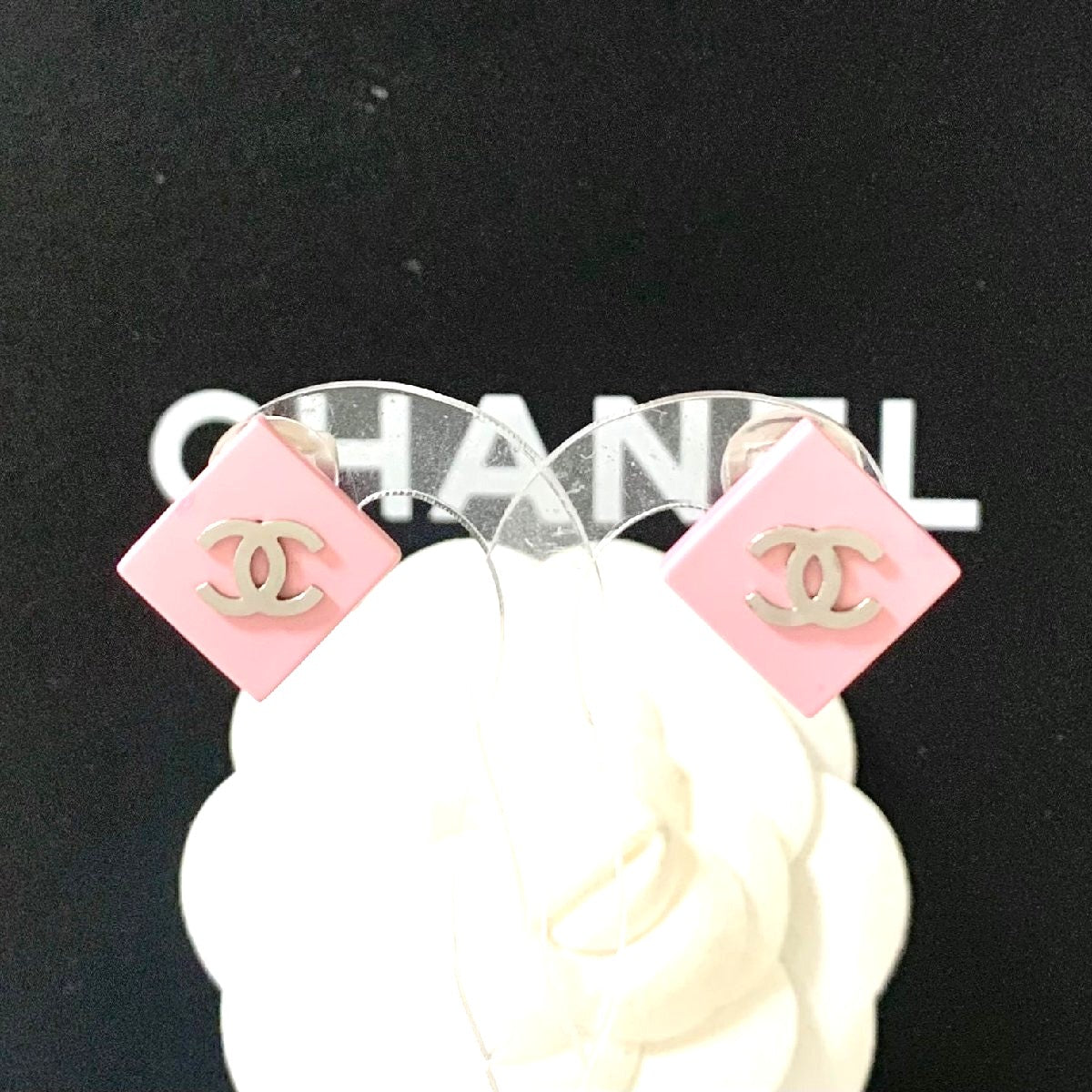 CHANEL CC Logo Earrings Pink Diamond Square Resin Silver Clip-On Authentic
