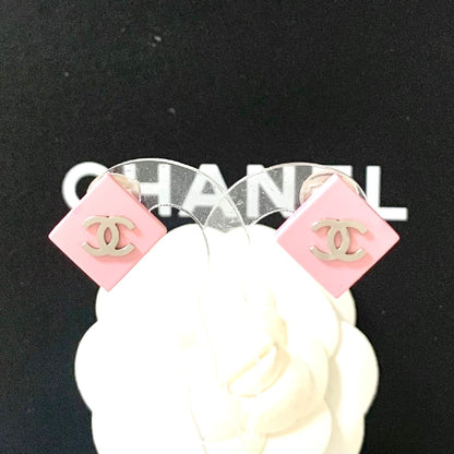 CHANEL CC Logo Earrings Pink Diamond Square Resin Silver Clip-On Authentic