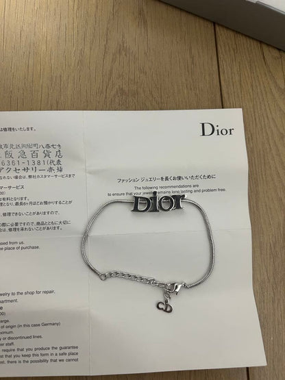 Excellent Christian Dior Silver Tone Logo Snake Chain Bracelet 23cm Adjustable
