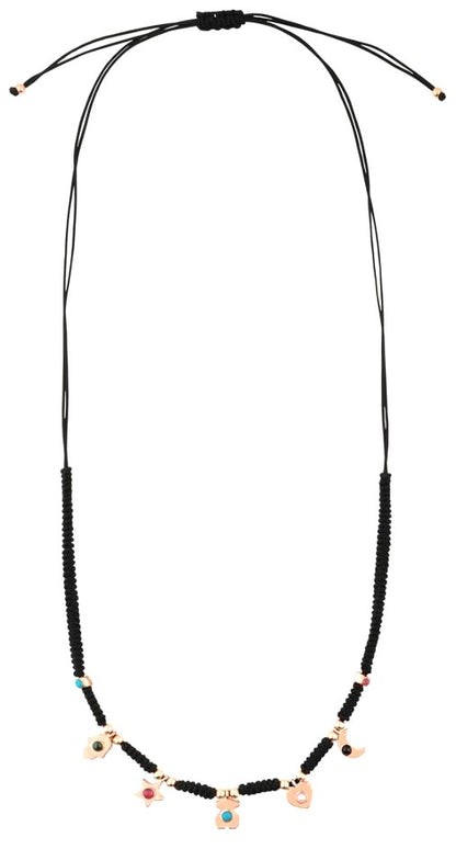 TOUS Super Power Charm Necklace Black Cord Rose Vermeil Silver Gemstone Spain