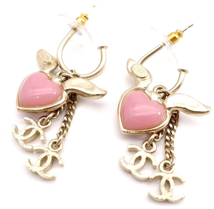 CHANEL CC Logo Heart Wing Hoop Earrings Gold Pink Resin Rhinestone Authentic