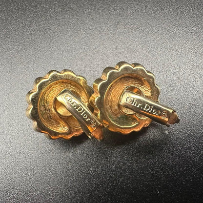 Christian Dior Gold Tone Metal Blue Stone Clip On Earrings 1.5 x 1.5cm