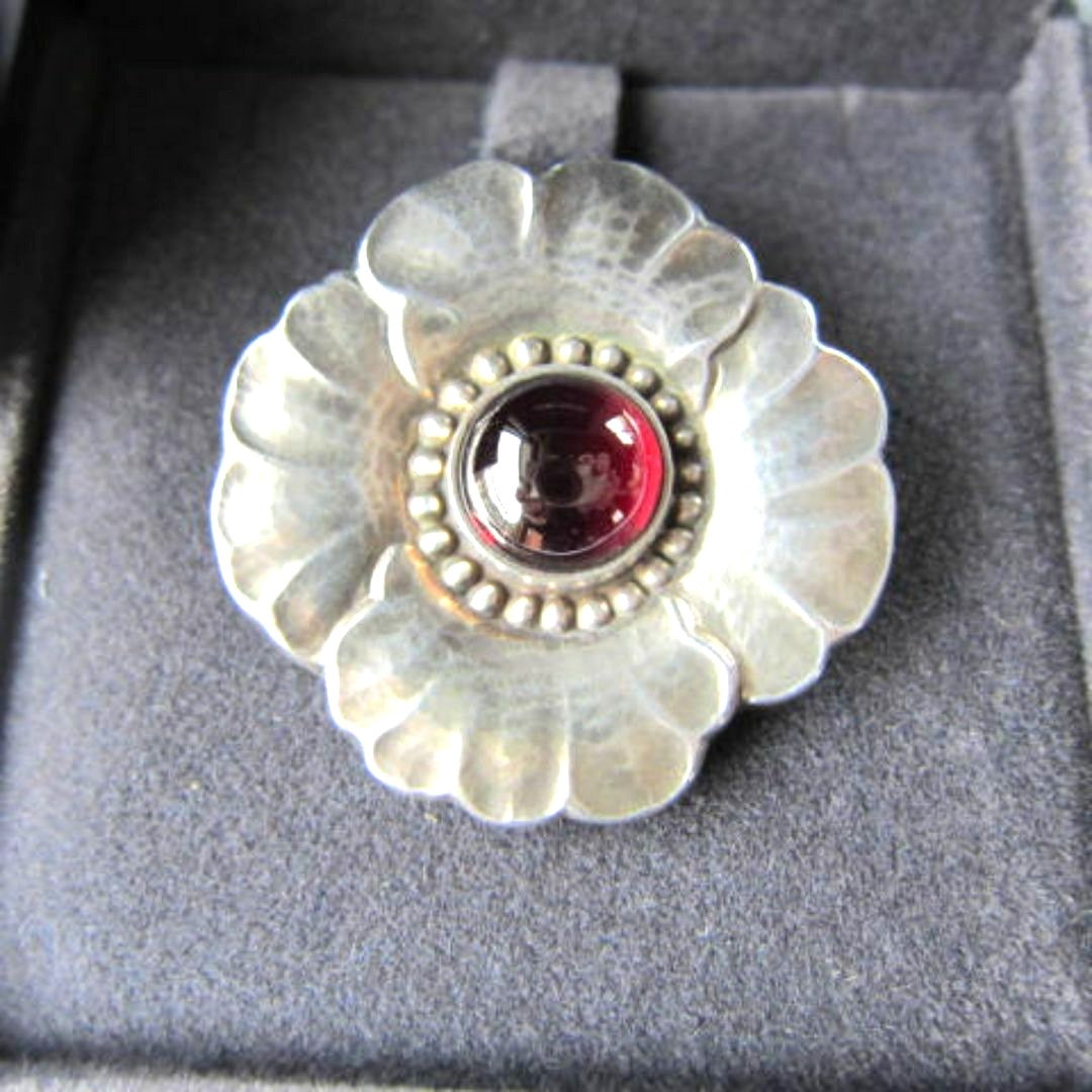 Georg Jensen Brooch #189 Art Nouveau Sterling Silver Garnet Cabochon Denmark VTG