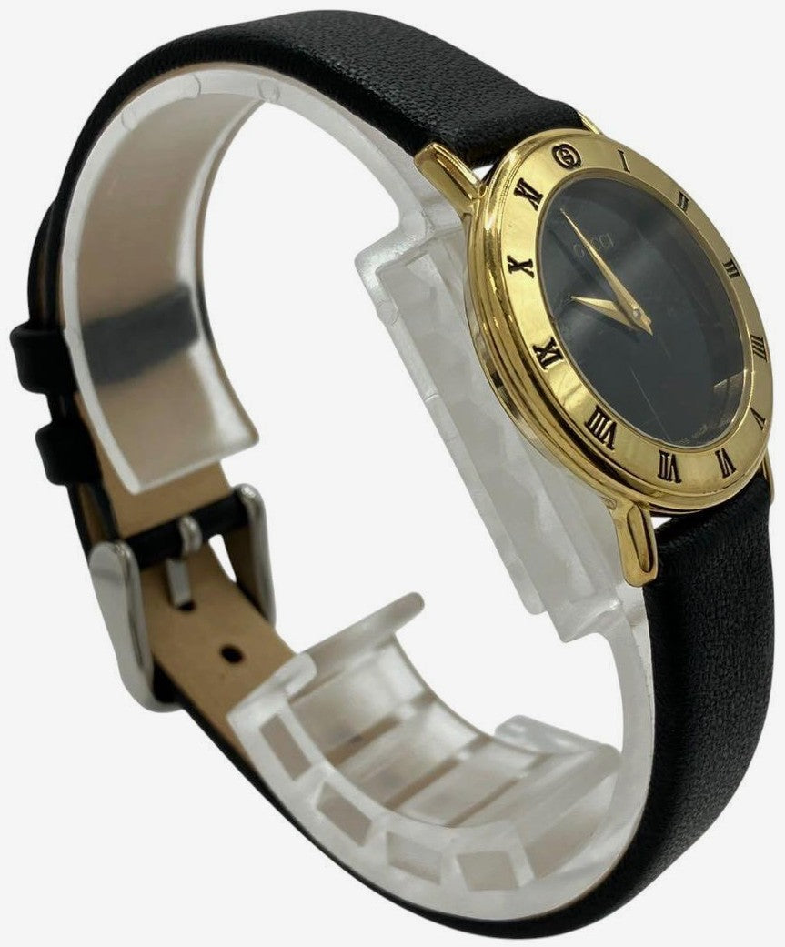 Gucci 3000.2.L Round Watch Black Dial Gold Tone Leather Band Quartz Swiss Made