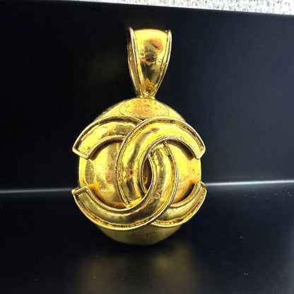 CHANEL CC Logo Ball Pendant Top Gold GP Vintage Necklace Charm 5.5cm Made France