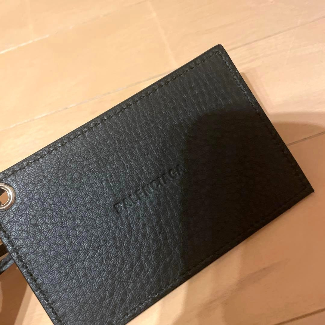 BALENCIAGA Leather Compact Hand Mirror Pocket Mirror Black Strap Logo Embossed