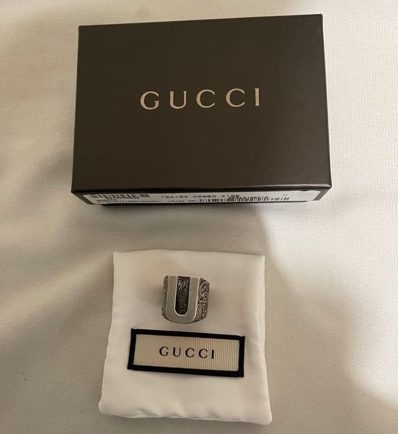 GUCCI Silver 925 Arabesque Etched Alphabet Initial  U Ring Men Size ５６US 7.5