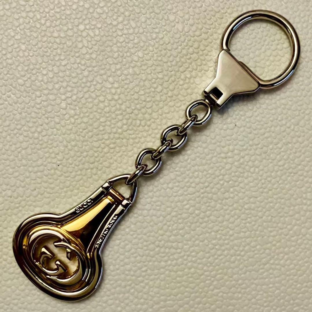 Gucci Auth Old GG Interlocking Logo Keychain Bag Charm Silver Gold 11.5 cm Used