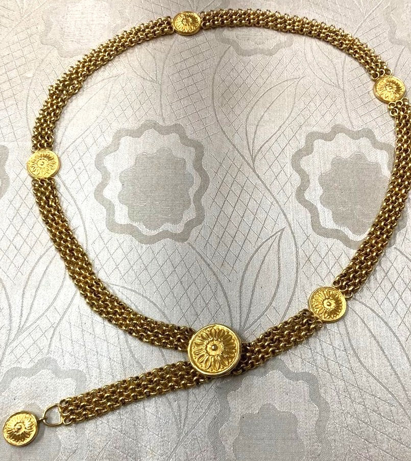 CELINE Vintage Gold Tone Chain Belt Flower Medallion Sunburst Motif 35.0in Auth