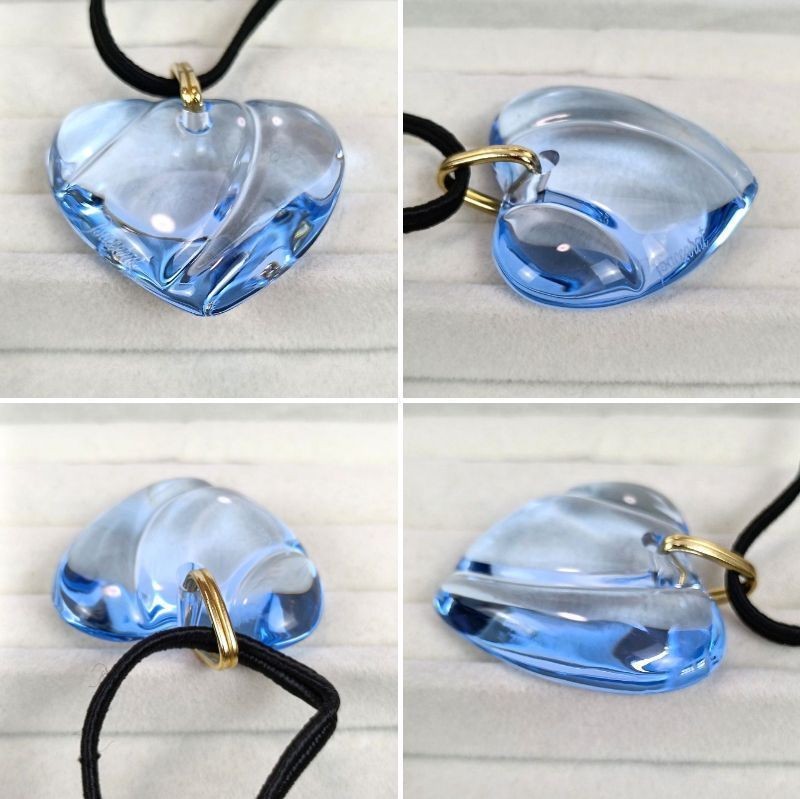 Baccarat Crystal Heart Pendant Necklace Blue Gold Tone Cord Lady's Box Pouch