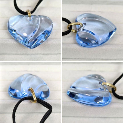 Baccarat Crystal Heart Pendant Necklace Blue Gold Tone Cord Lady's Box Pouch