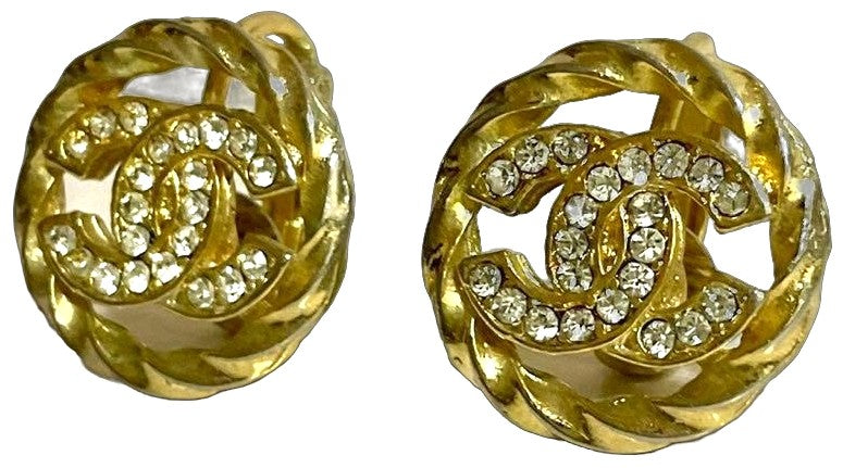 CHANEL CC Logo Rhinestone Twist Rope Clip-On Earrings Gold Vintage France 1.8cm