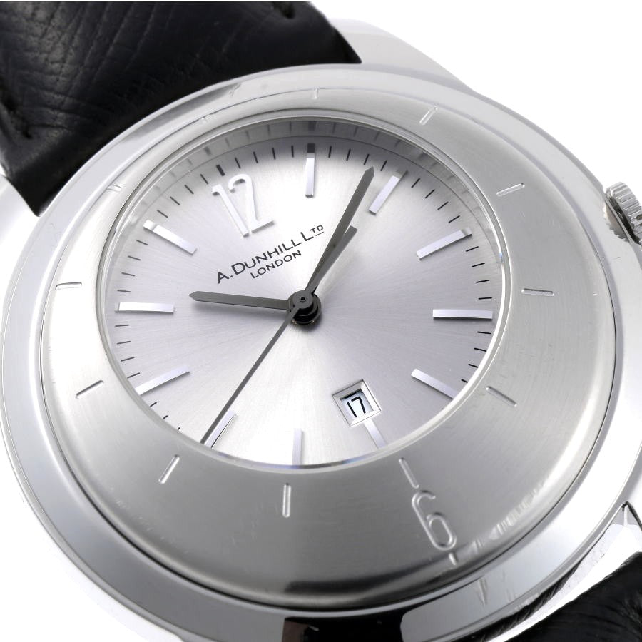 Dunhill Eccentric DQV210AL Quartz Watch Silver Dial SS Black Leather Swiss Used