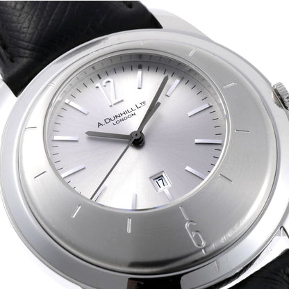 Dunhill Eccentric DQV210AL Quartz Watch Silver Dial SS Black Leather Swiss Used