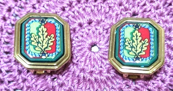 MICHAELA FREY WIEN Oak Leaf Enamel Clip-On Earrings Gold Tone Octagon Austria