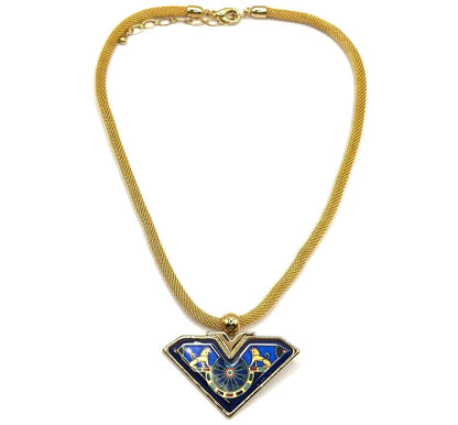 Michaela Frey Wien Enamel Pendant Necklace Blue Gold Mesh Chain 17.7in Austria