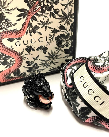GUCCI Lion Head Ring Black Enamel Pink Stone Silver HW US6-6.5 EUR51-52 AUTH